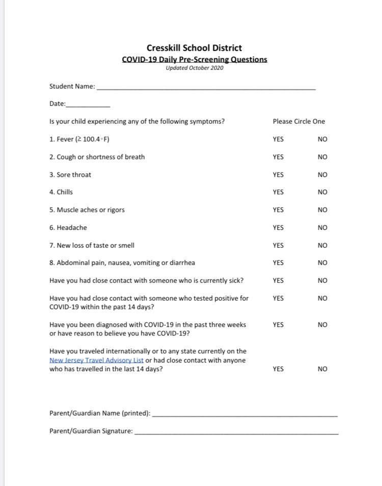 Cresskill School District Covid-19 Daily Pre-Screening Questions